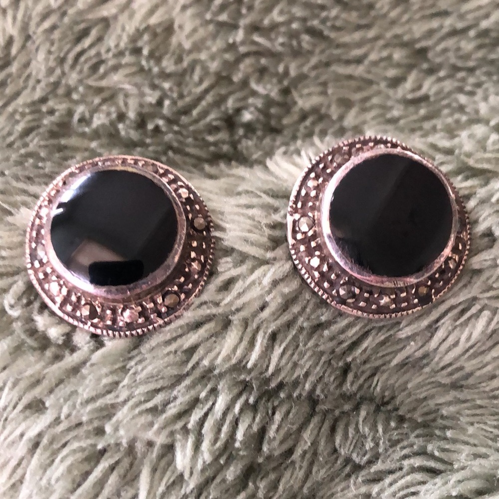Vintage Earrings Onyx Marcasite 925 Sterling (E11)
